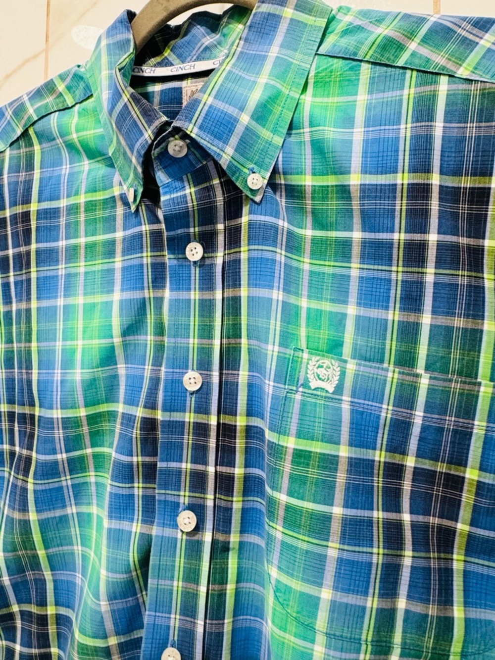 Cinch cowboy Plaid Button Down Shirt Mens Blue Green Short Sleeve western M - Picture 8 of 12